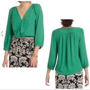 Maeve Green Longsleeve Parted Ruffle Vneck Blouse
